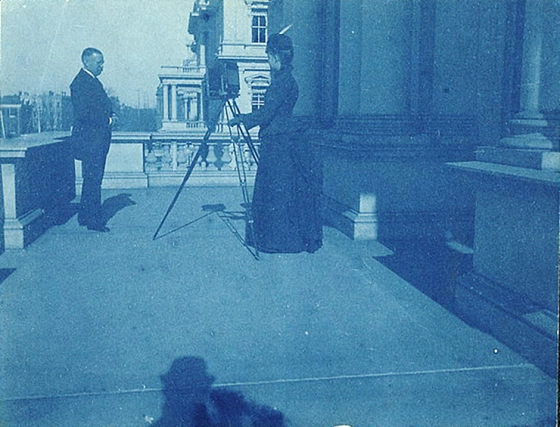 Pioneer female photograher Frances Benjamin Johnston making a portrait, State, War & Navy Building, 1888