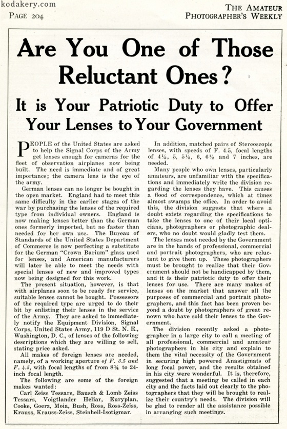 Short article on the need for american photographers to donate their camera lenses to the war effort